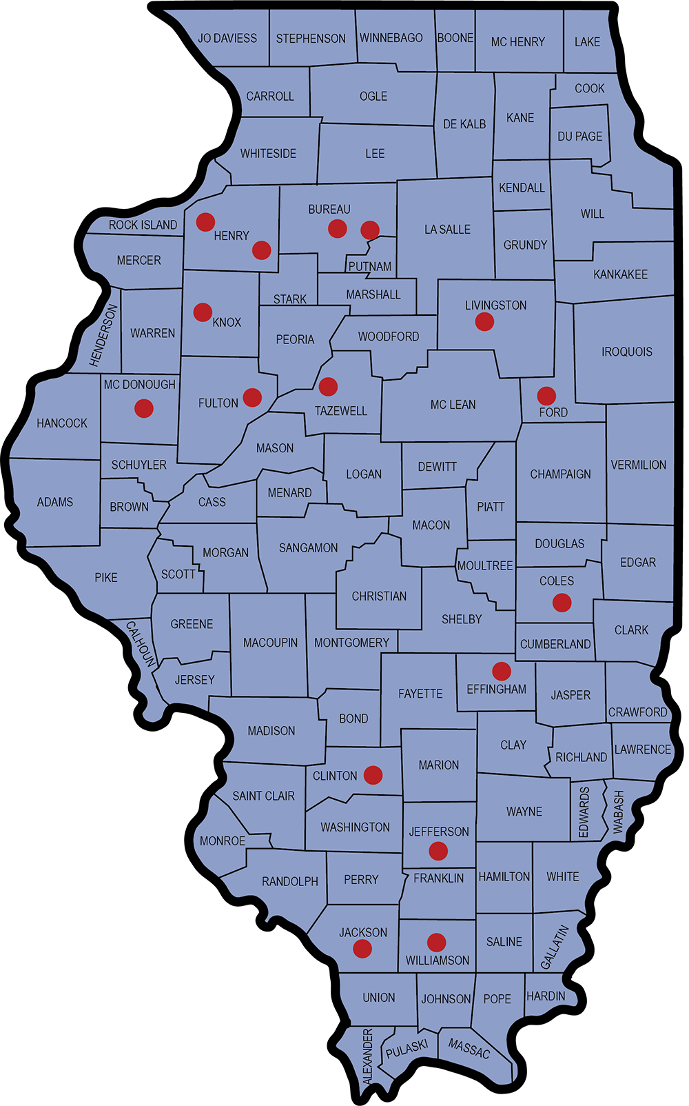 A map of Illinois with the list of participating communities marked