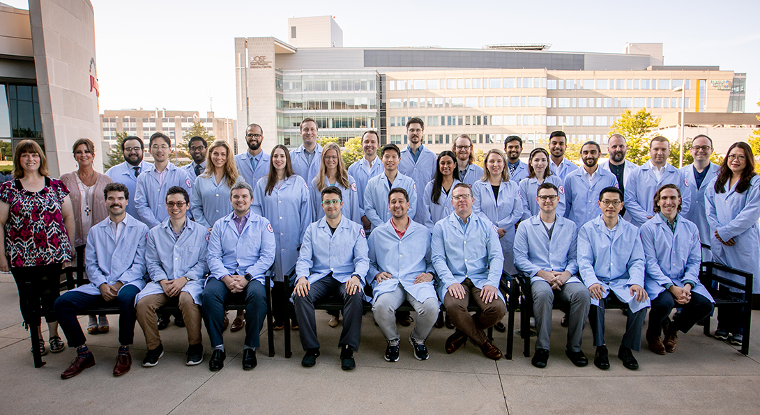 Radiology residents and leadership pose in front of OSF Saint Francis